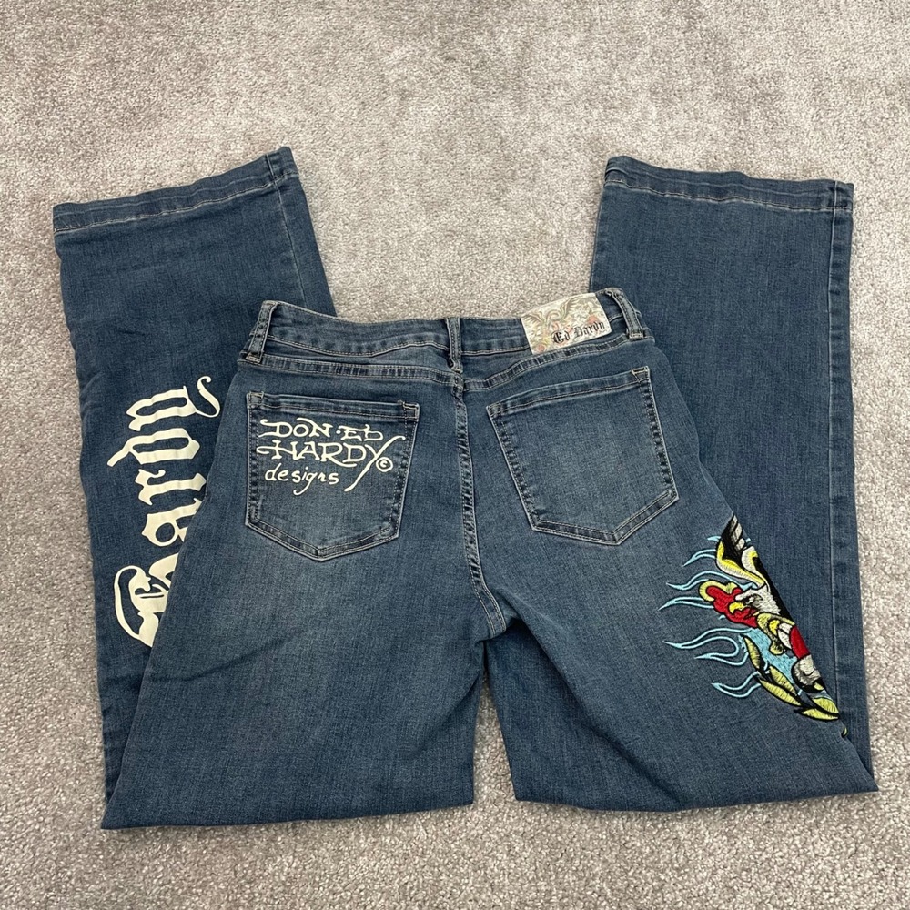 Ed Hardy Jeans Womens 28 Y2K Wide Leg Tattoo Graphic Embroidered Streetwear